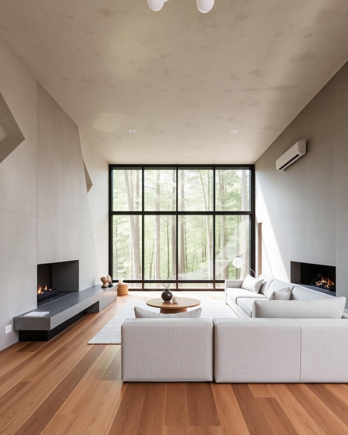 Interior minimalista con vista al bosque