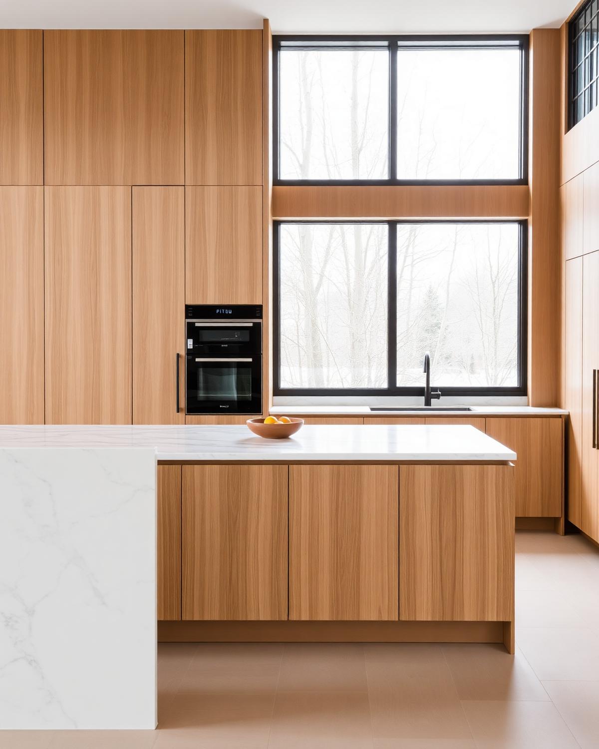 Cocina contemporánea con mármol y roble