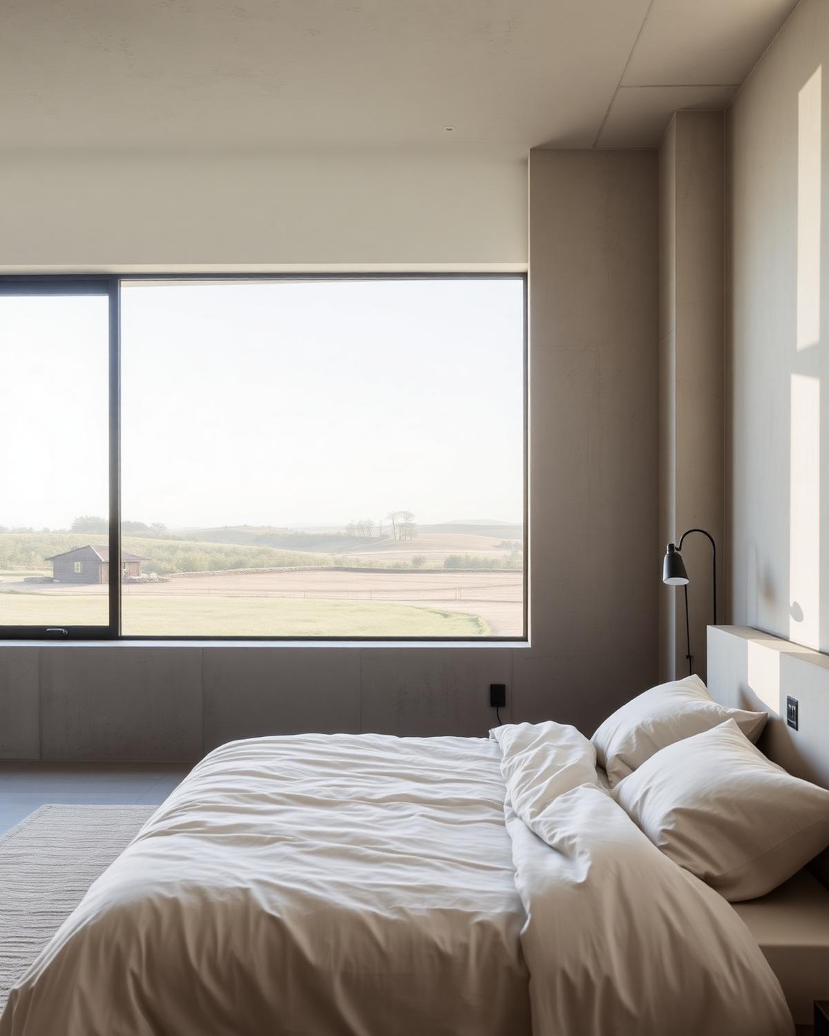 Dormitorio minimalista con vista al campo